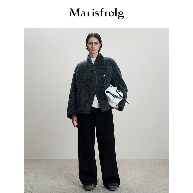 Marisfrolg玛丝菲尔2025冬新款弧形立领短款毛呢大衣环保皮草外套