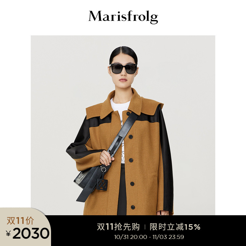 【双面呢大衣】玛丝菲尔冬季驼色连帽拼接撞色茧型毛呢外套