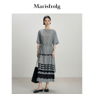 Marisfrolg玛丝菲尔复古文艺条纹拼接收腰连衣裙