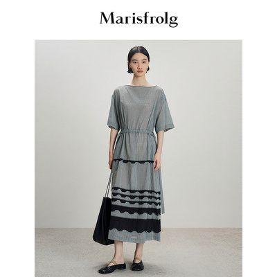 Marisfrolg玛丝菲尔复古文艺条纹拼接收腰连衣裙
