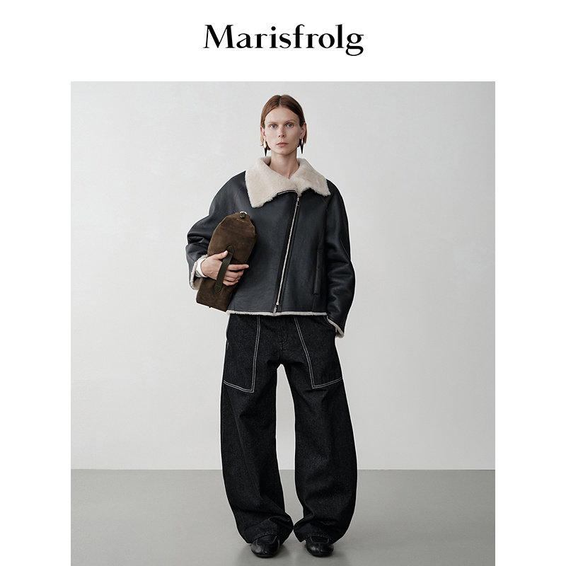 Marisfrolg玛丝菲尔2025冬新款斜门襟短款箱型廓形皮毛撞色外套,女装/女士精品,毛呢外套,淘宝优惠券,粉丝福利购,淘宝优惠卷