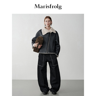 Marisfrolg玛丝菲尔2025冬新款 箱型廓形皮毛撞色外套 斜门襟短款