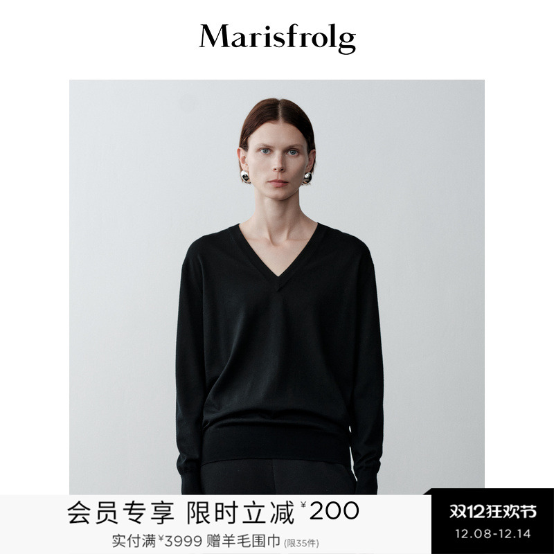 【轻密针织】玛丝菲尔秋季设计感黑色V领羊毛针织衫女