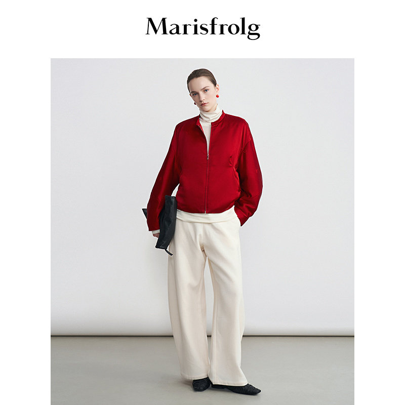 【图腾提花】Marisfrolg玛丝菲尔2026春新款红色短款廓形棉服外套