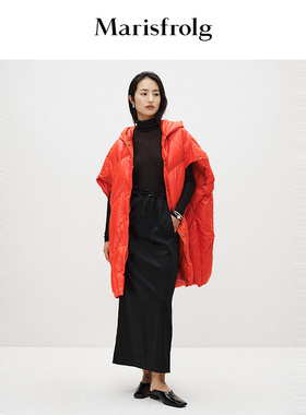 【轻云羽绒】玛丝菲尔春季亮橙色保暖中长款连帽羽绒马甲