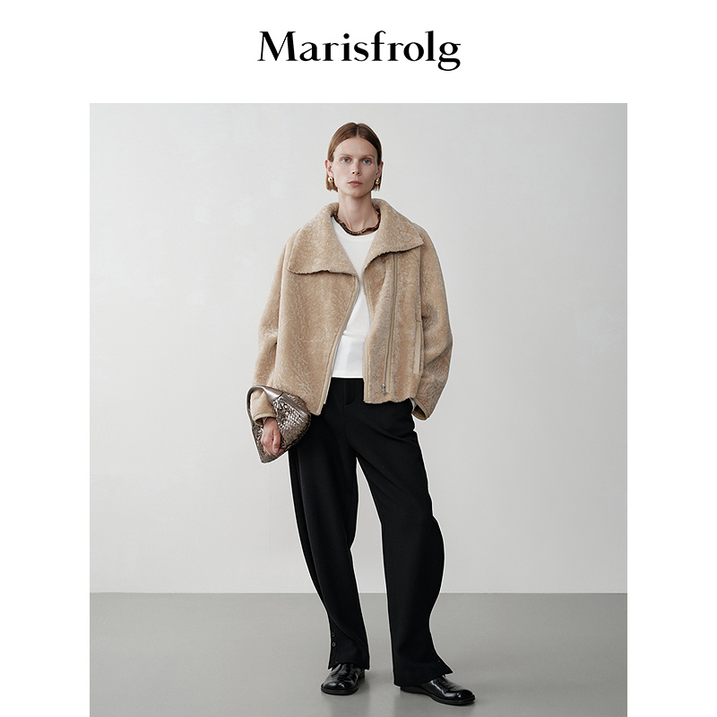 【水波纹】Marisfrolg玛丝菲尔不规则领门襟摩登短款廓形皮草夹克