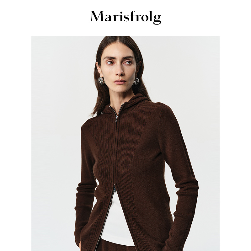 【精纺羊毛】Marisfrolg玛丝菲尔2025冬新款拉链连帽毛衣针织开衫