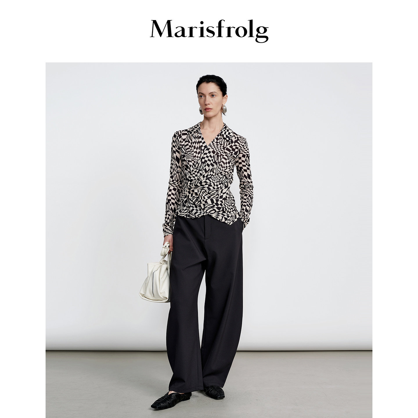 Marisfrolg玛丝菲尔收腰显瘦翻领印花设计感长袖衬衫