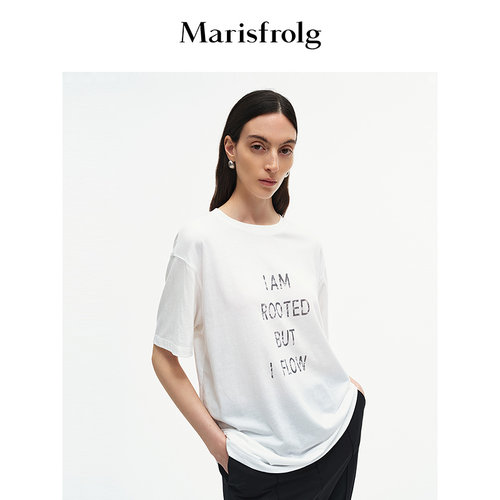 Marisfrolg玛丝菲尔2025秋新款白色字母印花圆领宽松纯棉短袖T恤