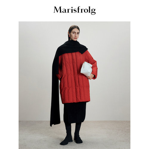 Marisfrolg玛丝菲尔2025冬新款立领肌理感红色中长款宽松羽绒服