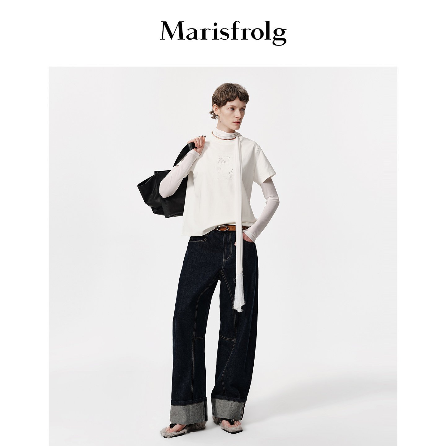 Marisfrolg玛丝菲尔2026秋新款时尚休闲百搭翻边设计感茧型牛仔裤