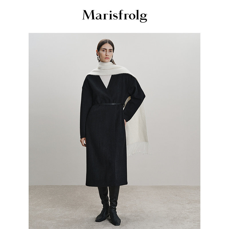 Marisfrolg玛丝菲尔冬款黑色V领收腰羊毛长款外套毛呢大衣