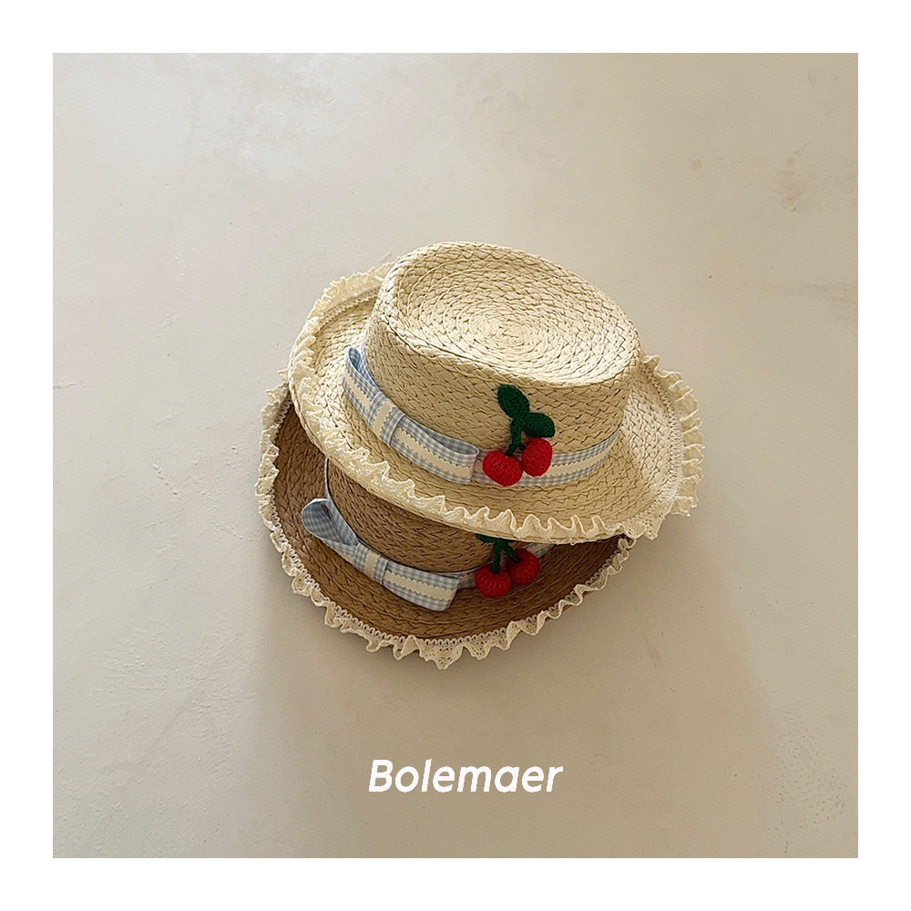 儿童大帽檐草帽夏洋气蕾丝花边手工编织帽子女宝宝海边防晒遮阳帽