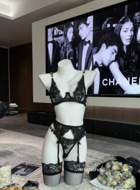 Mrspanda.托帕石的夜黑色重工刺绣金属链条内衣三件套性感高级