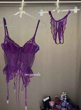 Mrspanda.紫夜精灵紫色蕾丝胸衣吊带两件套装绑带开叉显瘦性感