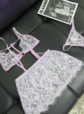 Mrspanda.静谧丁香紫色睫毛蕾丝线条连衣睡裙两件套显白法式浪漫