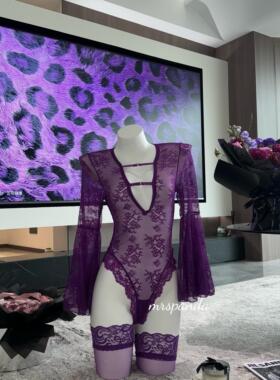 Mrspanda.贵气千金紫色重工蕾丝刺绣连体衣镂空性感紫罗兰法式