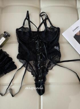 Mrspanda.黑舞鞋黑色蕾丝重工刺绣连体衣两件套绑带蝴蝶结芭蕾风