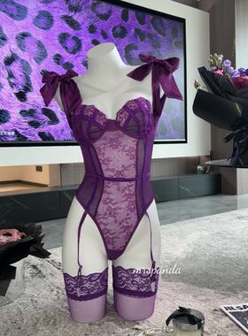 MrsPanda迷离游戏性感蕾丝连体绑带女人味可外穿魅惑透视显瘦紫色