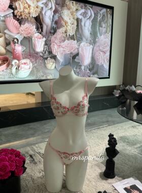 MrsPanda·落樱时节·刺绣樱花粉蕾丝网纱透视文胸套装甜美粉色紫