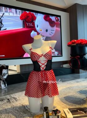 Mrspanda.红韵甜心红色拼色网纱波点连衣睡裙2件套绑带蝴蝶结甜美