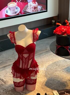 MrsPanda·红苹果酒红色网纱胸垫性感蕾丝胸衣蓬蓬裙显白套装束身