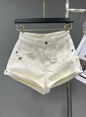 时髦女装洋气烫钻辣妹风卷边牛仔短裤夏装韩版低腰阔腿裤A字热裤