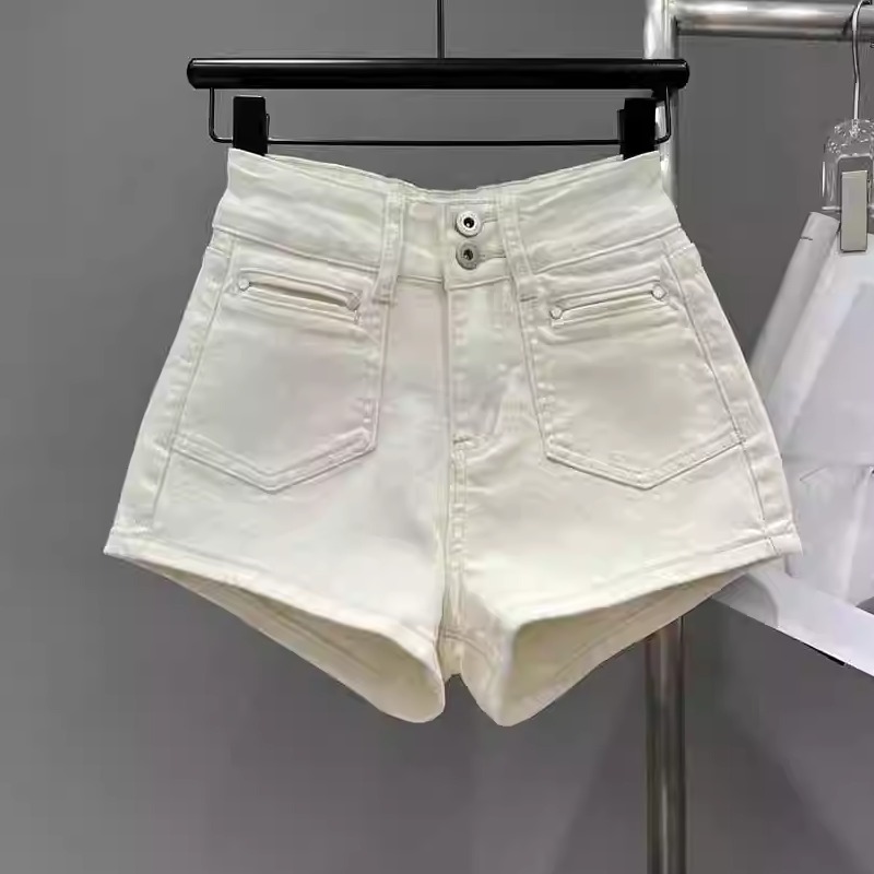 米白色牛仔短裤女辣妹2025夏季网红小众热裤子休闲设计感阔腿短裤