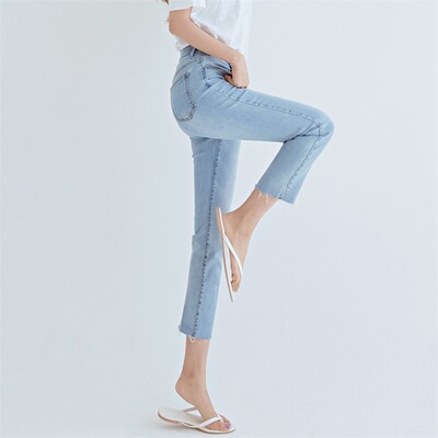 秋季新款浅色牛仔裤高腰弹力显瘦