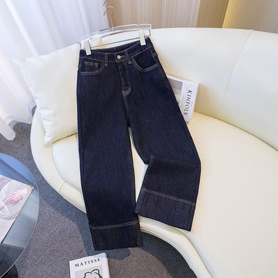 直筒牛仔裤女2026年秋冬新款高腰加绒丹宁蓝小个子九分弹力法棍裤