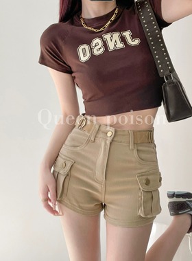 辣酷到底腰带装饰工装牛仔短裤女夏高腰显瘦宽松休闲口袋阔腿热裤