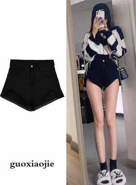 辣妹性感显腿长黑色牛仔短裤女新款高腰显瘦不规则包臀超短裤子潮