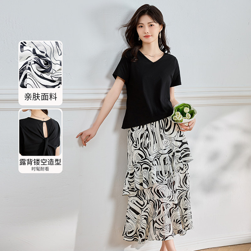 3S女装2025夏季新款时尚休闲百搭V领短袖上衣+高腰阔腿群两件套