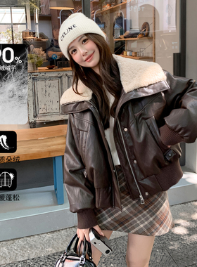 3S女装仿羊羔毛翻领PU皮羽绒服女冬短款加厚保暖派克服鹅绒外套