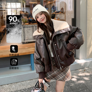 3S女装仿羊羔毛翻领PU皮羽绒服女冬短款加厚保暖派克服鹅绒外套