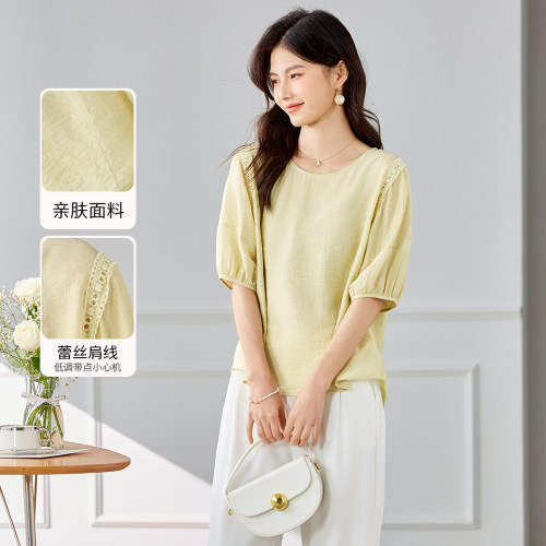 3S女装2026夏季新款简约风亚麻衬衫女五分袖蕾丝肩线宽松显瘦遮肉