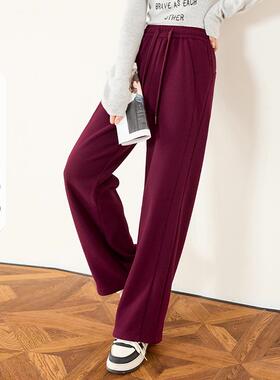 安可拉红加绒直筒裤3S女装冬松紧腰显瘦显高时尚百搭休闲卫裤