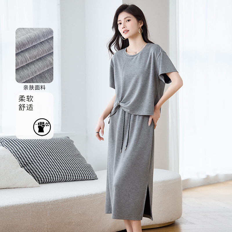 3S女装2025夏季新款经典基础简约通勤圆领显瘦下半身开叉半裙套装