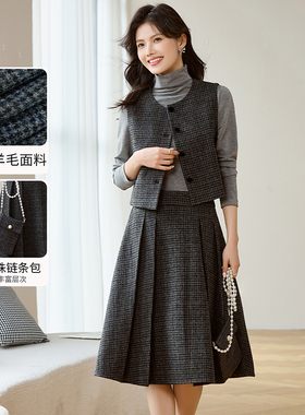 3S女装2025春季新款复古气质灰色格绵羊毛半身裙穿搭四件套套装