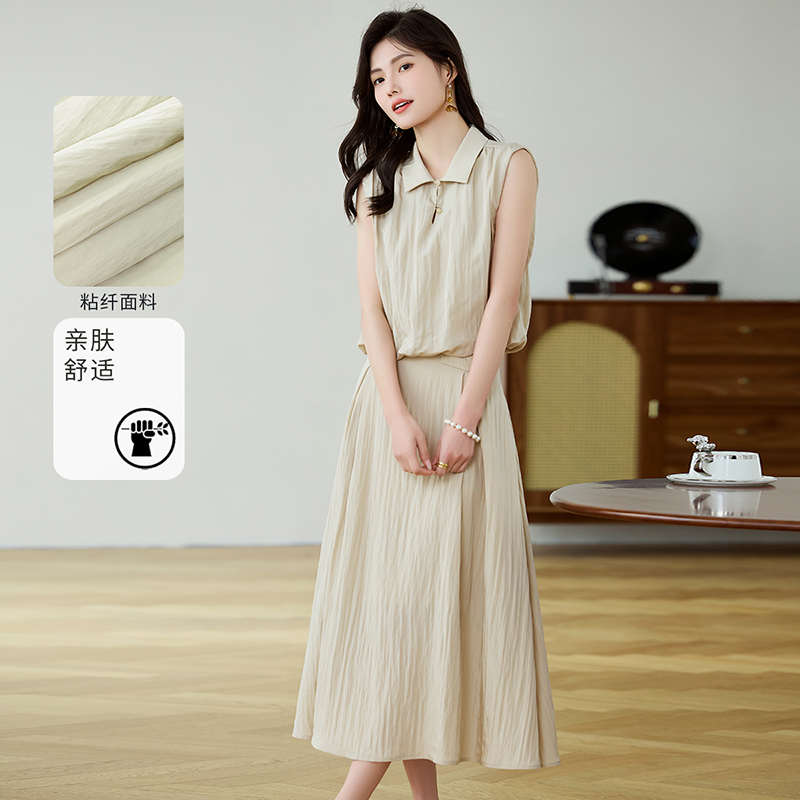3S女装2025夏季新款复古基础简约风翻领显瘦A字版型裙子两件套