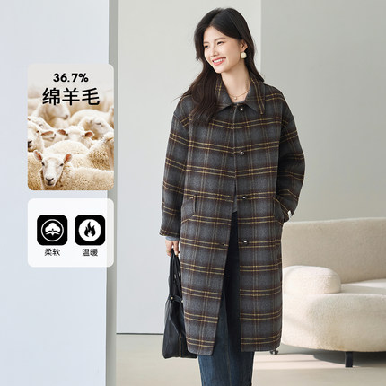 3S女装2025冬复古格纹毛呢外套女中长款绵羊毛气质显瘦双面呢大衣