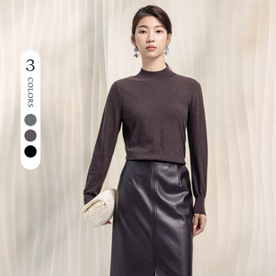 3S女装冬季轻熟简约风半高领羊毛衫女亮片装饰百搭针织打底毛衣