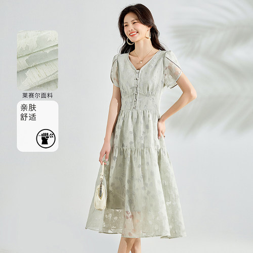 3S女装2025夏季新含亚麻通勤收腰显瘦法式连衣裙A字裙摆短袖裙子