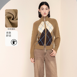 3S女装复古菱格纹针织开衫女冬季新款学院风拉链绵羊毛毛衣外套