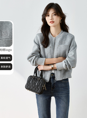 3S女装2025秋季新款学院风灰色圆领针织开衫女短款双拉链外套简约