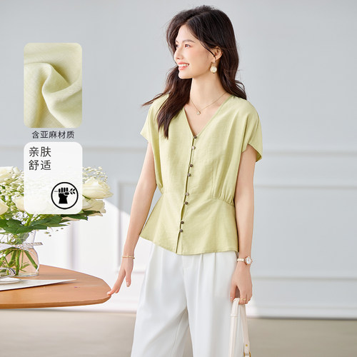 3S女装2026夏季新款亚麻V领短袖小衫收腰纽扣设计感显瘦百搭上衣