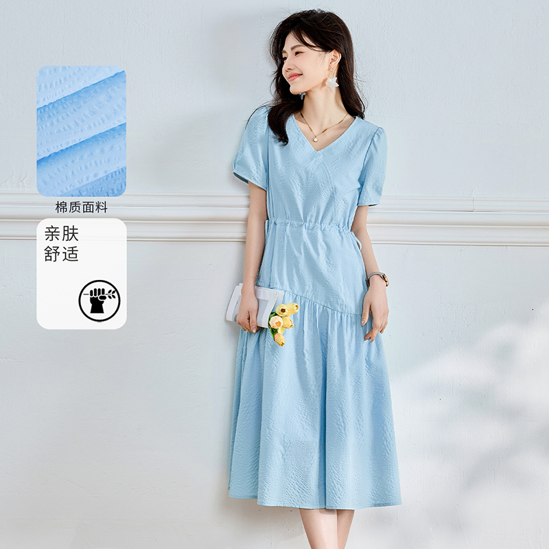 3S女装2025夏季新款时尚休闲百搭V领短袖连衣裙宽松显瘦短袖裙子