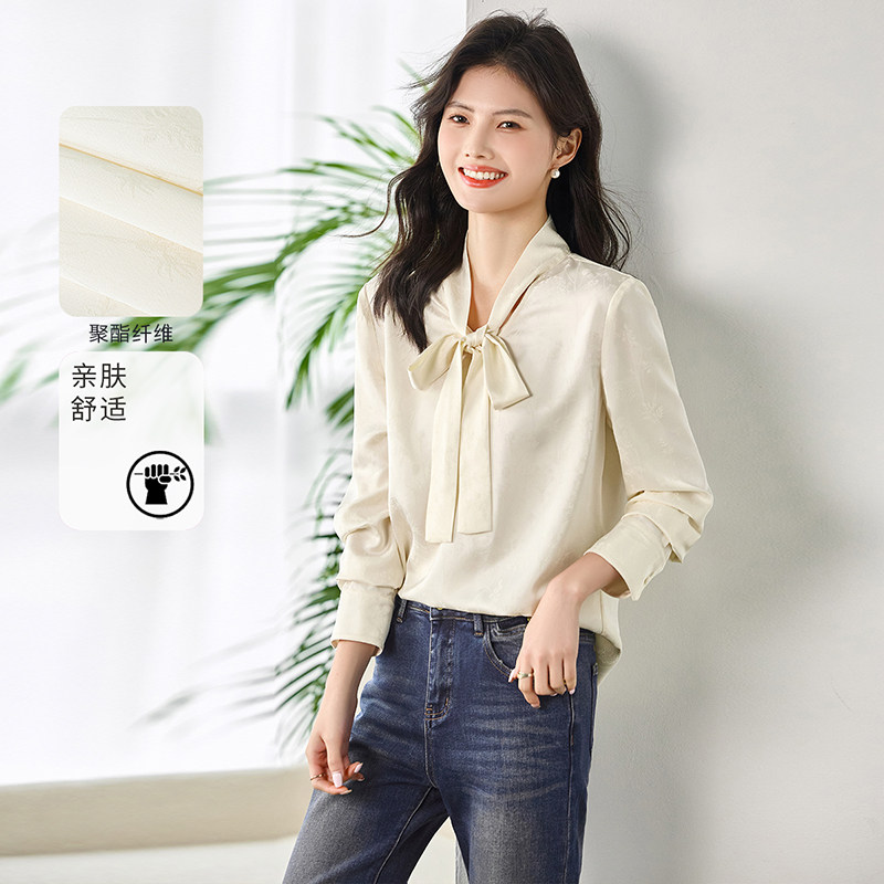 3S女装2025春季新款文艺简约系带领显瘦质感面料气质长袖衬衫女