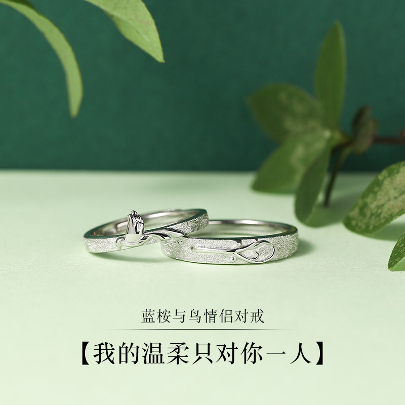 蓝桉与鸟纯银情侣款戒指女生一对小众F设计感轻奢对戒男送生日礼