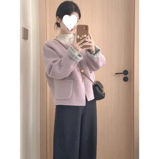 秋冬搭配一整套韩系穿搭正反两穿紫色毛呢外套内搭阔腿裤三件套装